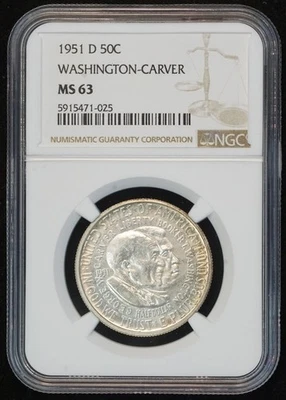 1951 D Washington-Carver Commemorative Silver Half Dollar MS 63 NGC 50C US COIN - Image 1 of 4