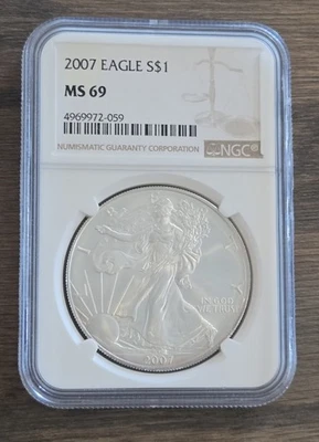 🔥2007 ASE American Silver Eagle 1oz Plata NGC MS69 Moneda Etiqueta Marrón ~ Tonificación🔥 Foto 1 de 2