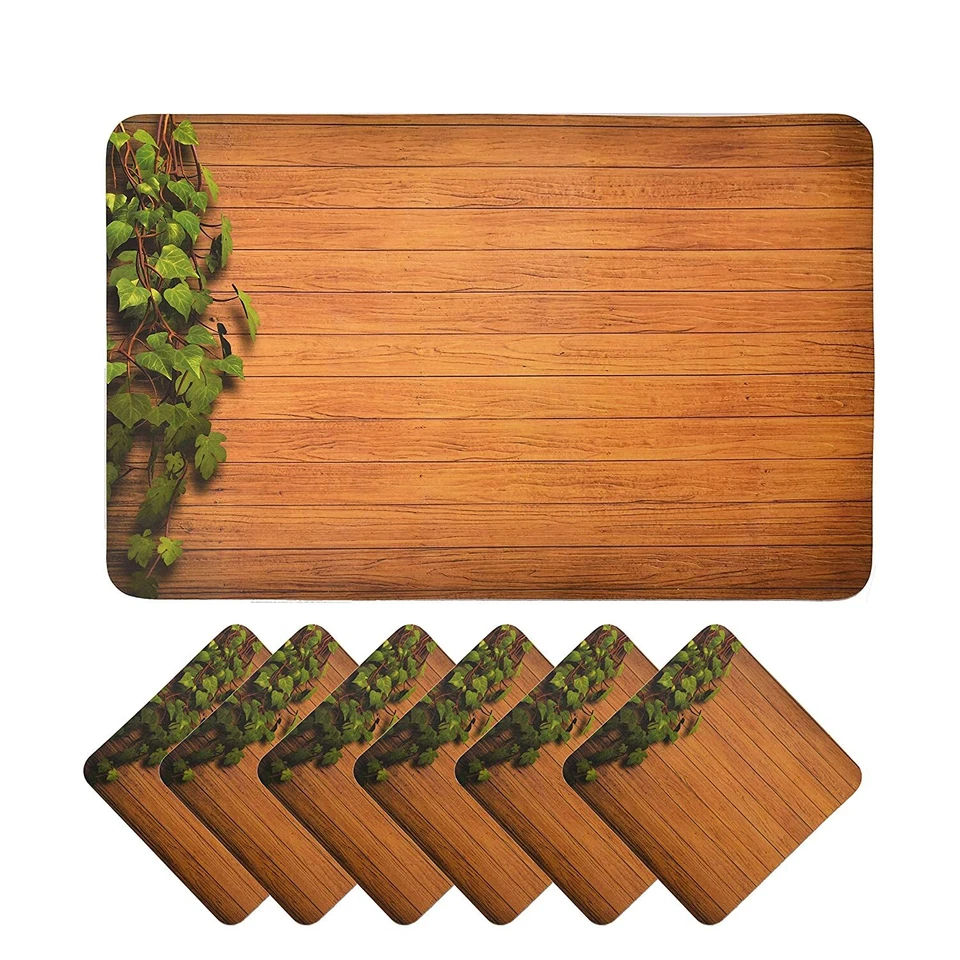 Beautiful Wooden Design PVC Dining Table Placemat with PVC Tea Coaster Set Of 6 - Image 1 of 4