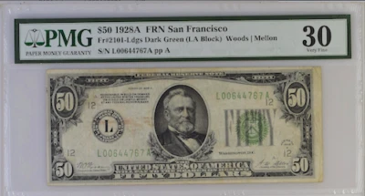  Fr 2101.1928 A FRN San Francisco 30 VF LDGS DARK GREEN LA BLOCK  - Image 1 of 2