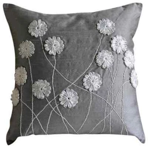 Sofa Pillow Cover Grey 16"x16", Couch Decor Silk Daisies - Floral Whispers - Picture 1 of 4