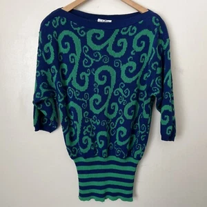 VTG Alberoy 80s Sweater Dress Blue Green Swirl Slouchy Shoulder Pads M USA - Picture 1 of 8