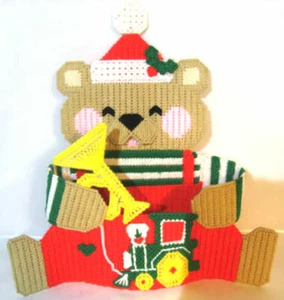 CHRISTMAS CARD HOLDER PLASTIC CANVAS BEAR WITH TOYS HORN TRAIN - Picture 1 of 5