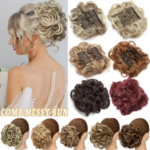 Thick Curly Messy Bun Comb Updo Chignon Clip in Hair Extensions Soft Hairpiece - Picture 1 of 34