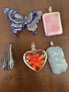 Lot of  6 Hand Blown glass Pendants. Square, heart, and A Beautiful Blue Butter - Picture 1 of 3