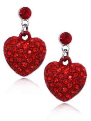 Small Red Crystal Pave Heart Dangle Stud Earrings Jewelry Valentine's Day Gift - Image 1 of 3