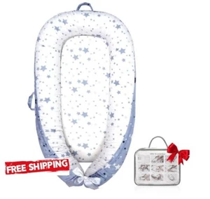 Baby Lounger, Ultra Breathable Soft Cotton, Portable & Adjustable - Blue - Picture 1 of 5