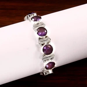 Purple Amethyst Gemstone 925 Sterling Silver Handmade Bracelet Jewelry Sz 7-8" - Picture 1 of 4