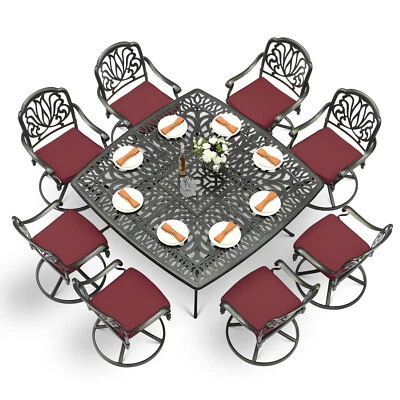 Juego de comedor de aluminio fundido para exteriores de 9 piezas para patio mesa cuadrada y sillas giratorias Foto 1 de 4