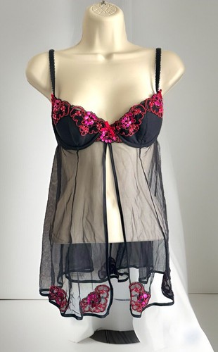 UNDERCOVER VICTORIA'S SECRET Vestito Slip Vintage Paillettes Babydoll Dormire Nero Rosa 32B