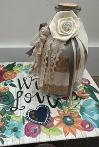 Farmhouse Burlap Bottle With Cork Ribbon Vase Floral - Picture 1 of 3