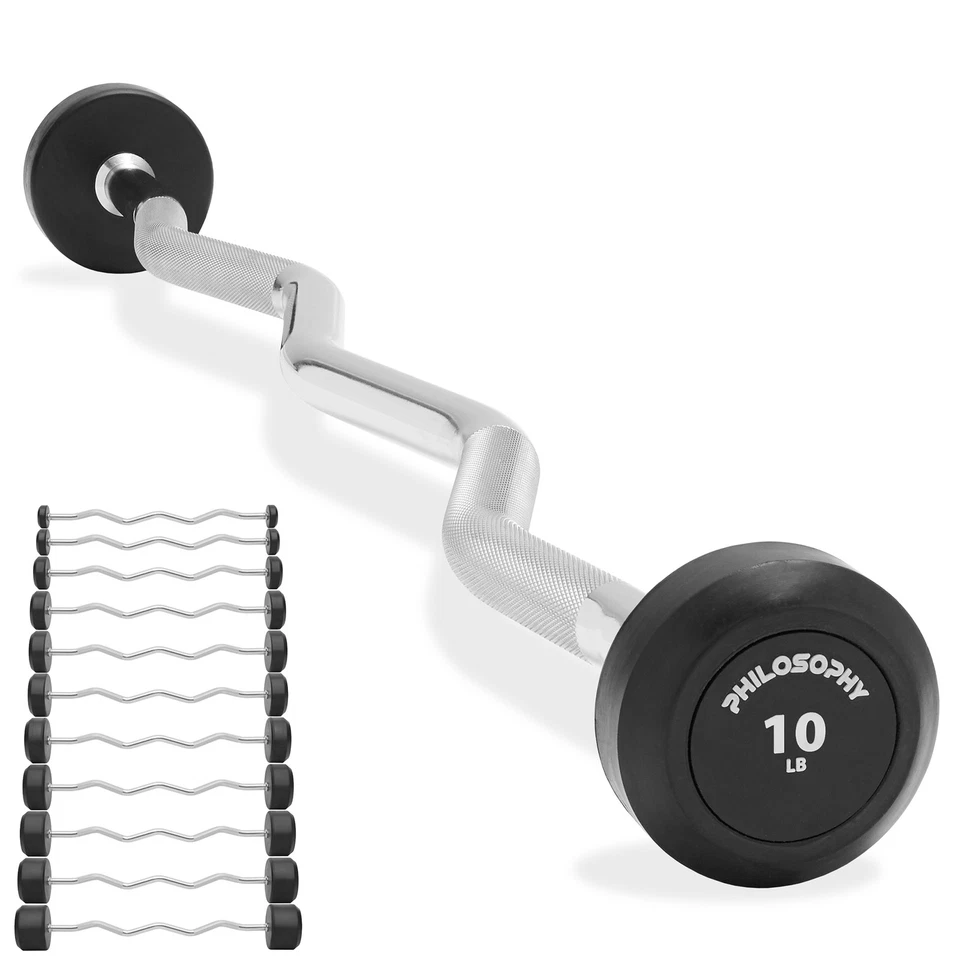 Rubber Fixed Barbell, Pre-Loaded Weight EZ Curl Bar for Weightlifting - Image 1 of 1