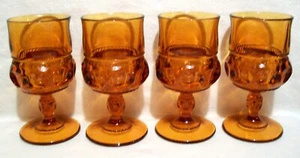 Vntg Amber Indiana Glass Kings Crown Thumbprint 4 Pedestal Wine Goblets Set #2 - Picture 1 of 5