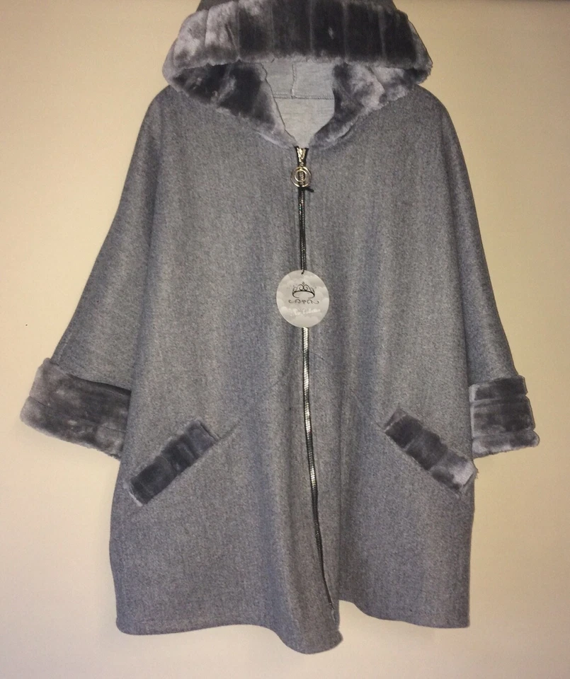NEW LADIES FAUX FUR EDGE HOODED ZIP UP GREY JACKET DOLMAN SLEEVE PLUS SIZE COAT - Image 1 of 1
