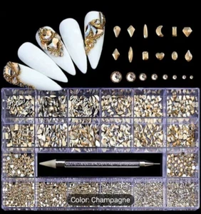 NailArt Rhinestones Kit 3D Alloy Gems Crystal Decorations Diamond Champagne - Picture 1 of 1