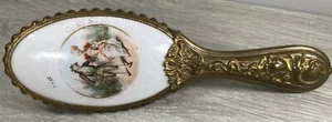 Antique Brass & Porcelain Floral Hair Brush Hand Painted Victorian Couple Scene - Picture 1 of 17