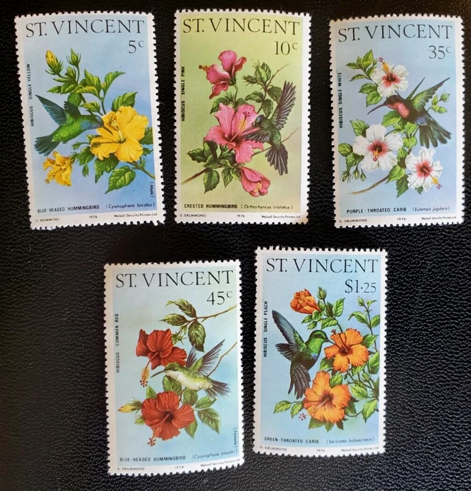 5 selos de São Vicente - Lote 07H 1979 pássaros e flores, sem marca de charneira - Imagem 1 de 1
