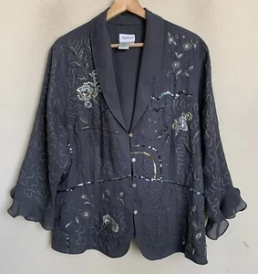Together Jacket Round Collar Charcoal Gray Sequin Bead Buttons Lined Size 18 - Picture 1 of 8