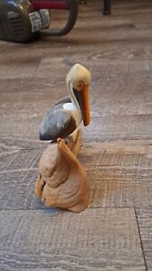 Vintage Mcm Hand Carved 5in Pelican Resting On Driftwood Art Florida Souvenir
