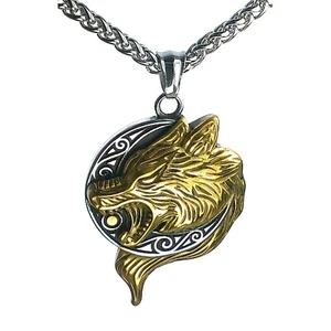 Night Wolf Necklace Gold PVD Plate Silver Stainless Steel Moon Fenrir Pendant - Picture 1 of 3