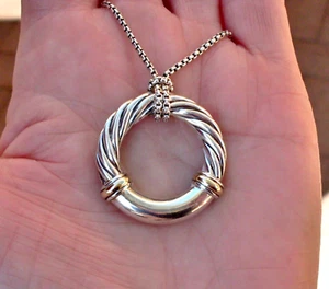Rare & Retired David Yurman Round Metro Pendant w/Attached DY Chain- 18K/925 - Picture 1 of 10