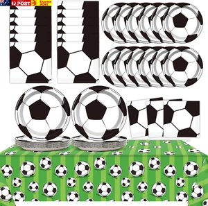 24 Guests Soccer Party Plates Napkins Tablecloth Supplies Set Soccer Disposable - Picture 1 of 7