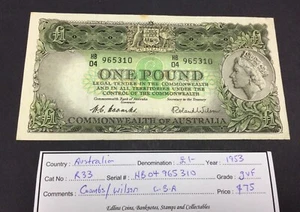 1953 QEII Coombs/Wilson One Pound Commonwealth Bank Issue R33 S/N HB04 965310 - Picture 1 of 2