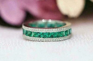 2.5Ct Princess Lab-Created Emerald Eternity Wedding Band Ring 14KWhite Gold Over - Picture 1 of 9