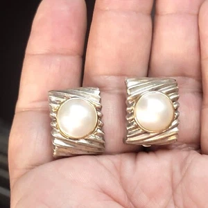 Mixed Metals Mabe Pearl Huggie Clip Earrings with Posts NICE - Picture 1 of 8