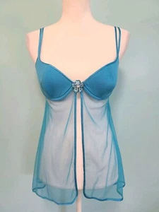 Sexy Camisón Victoria’s Secret Azul Transparente Babydoll Frente Abierto Talla 36C - Imagen 1 de 5