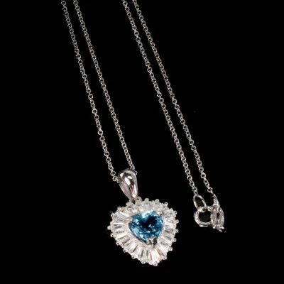 925 Argento Sterling Cuore Svizzero Blu Topazio 7mm Finto Collana 18 - Immagine 1 di 4