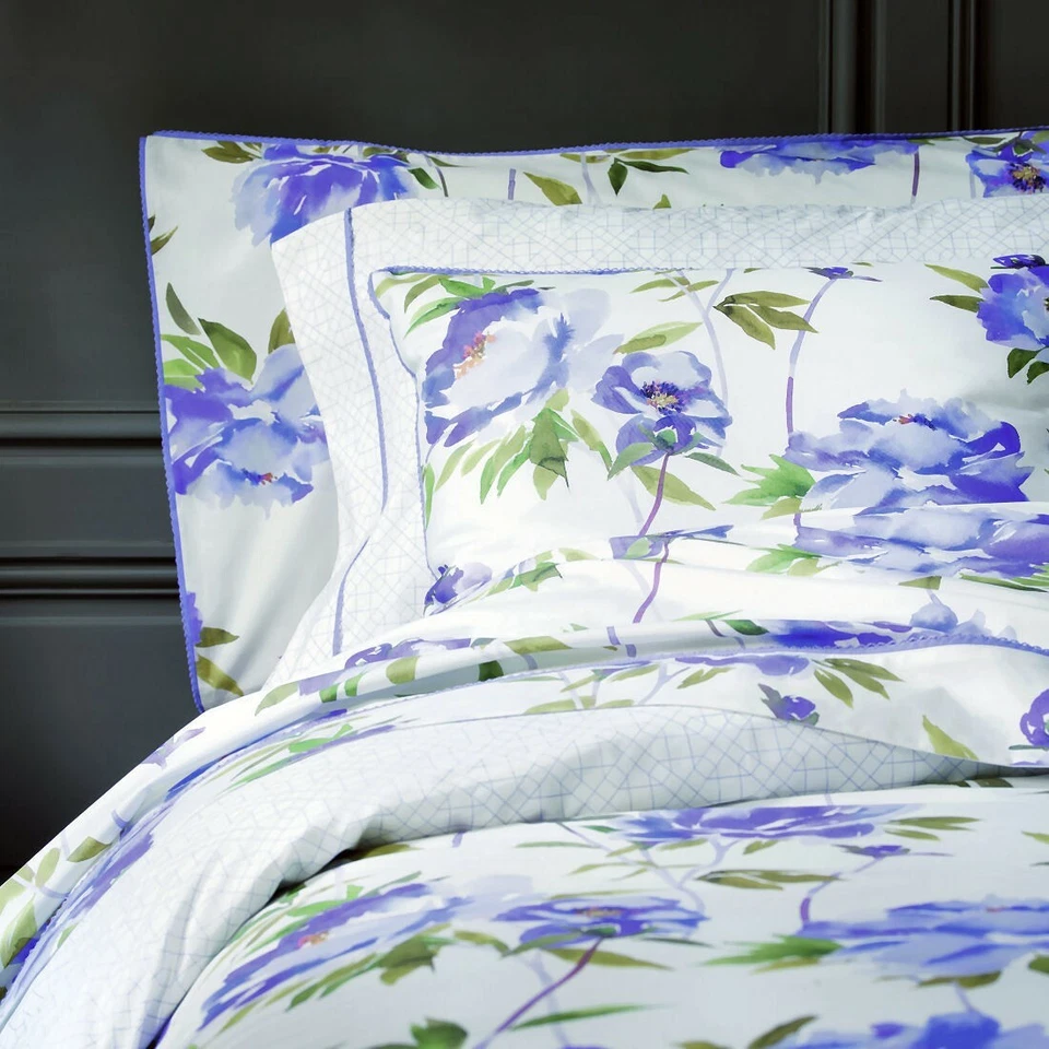 ANNE DE SOLENE FRAGRANCE QUEEN DUVET COVER 2 SHAMS PURPLE BLUE POPPY ROSE FLOWER - Image 1 of 3