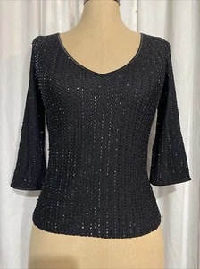 Vintage 80s 90s NAHDREE Black Beaded V Neck Sequin Stretch Evening Top SZ M - Picture 1 of 13