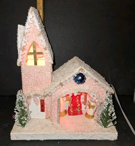 De colección Lg 11" RAZ Iluminado Esmerilado Glaseado Iglesia Putz Casa Iglesia Diorama Navidad - Imagen 1 de 15