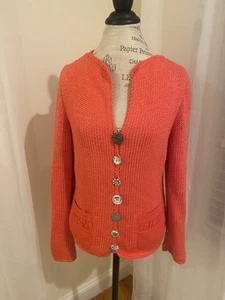 Pure Handknit Cardigan S/M Nectarine Orange Metallic Knit Big Unique Button - Picture 1 of 9