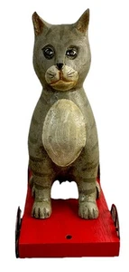 Vintage primitive Volkskunst Katze handgeschnitzt/bemalt Holz Zugspielzeug unsigniert selten - Bild 1 von 20