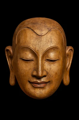16" Vintage Buddhist Monk Mask Buddha Face Head Wood Wooden Home Decor Wall Art - Image 1 of 4