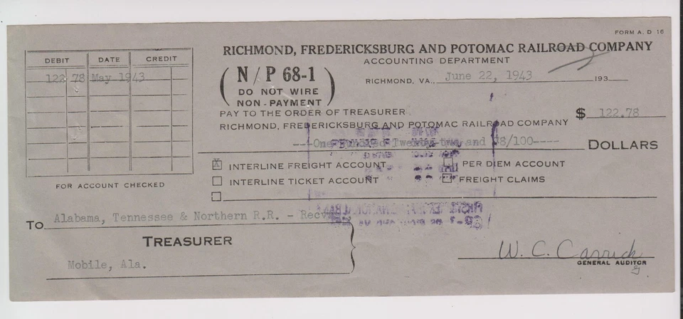 RICHMOND,  FREDERICKSBURG  &  POTOMAC      1943        Draft / Check - Image 1 of 1