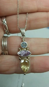 Amethyst Citrine Blue Topaz Sliding Pendant Necklace .925 Sterling Silver - Picture 1 of 5