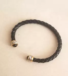 Cuff Bracelet Black Braided Band, Black Bead Ends, Gold & Silver Tone - Picture 1 of 4