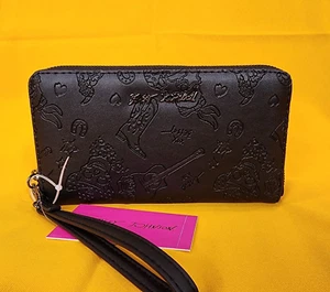 Betsey Johnson Totenkopf Cowboy Western schwarz Geldbörse Kalbsleder umlaufender Reißverschluss NEU - Bild 1 von 14