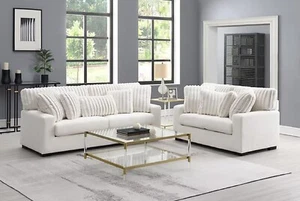 Towcester Modern Ivory Fabric Sofa and Loveseat with Striped Pillows - Picture 1 of 4