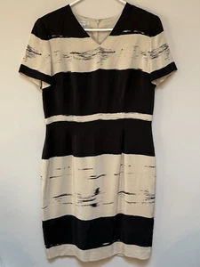 Vintage MAGGY LONDON Womens Silk Sheath Dress Lined Black Tan V Neck Size 12 - Picture 1 of 8