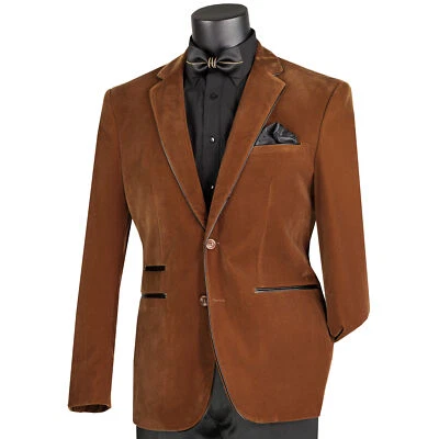 Blazer VINCI Para Hombre Borbón Marrón Terciopelo 2 Botones Calce Ajustado con Borde de Cuero NUEVO Foto 1 de 3