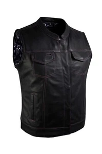 Womens Premium Black Leather Club Vest Purple Paisley Lining Waistcoat for biker - Picture 1 of 6