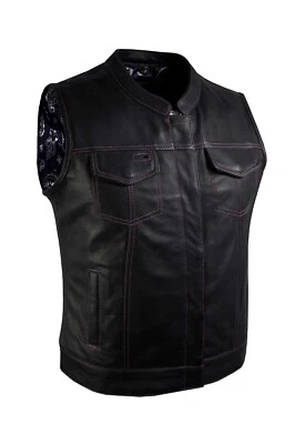 Womens Premium Black Leather Club Vest Purple Paisley Lining Waistcoat for biker - Image 1 of 4
