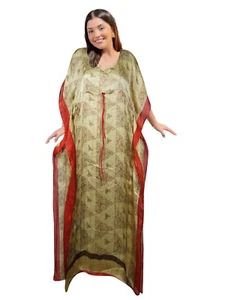 Maxi Beach Kaftan Dress Recycled Sari Beige Red Bohemian Style Resortwear S-XL - Picture 1 of 1