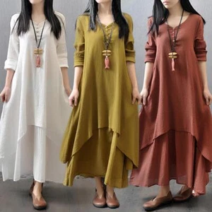Womens Boho Cotton Linen Dress Long Sleeve Dress Sundress Maxi Dress Casual Us - Picture 1 of 11