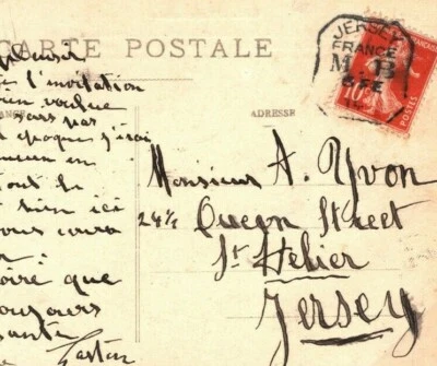 Channel Islands Cover JERSEY MOBILE BOX Paquebot FRANCE Postmark Card 1914 J01b - Image 1 of 4