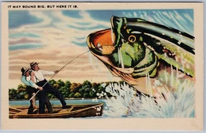 Puede sonar grande, pero aquí está - Postal de humor de lino Big Fish Story - Imagen 1 de 2